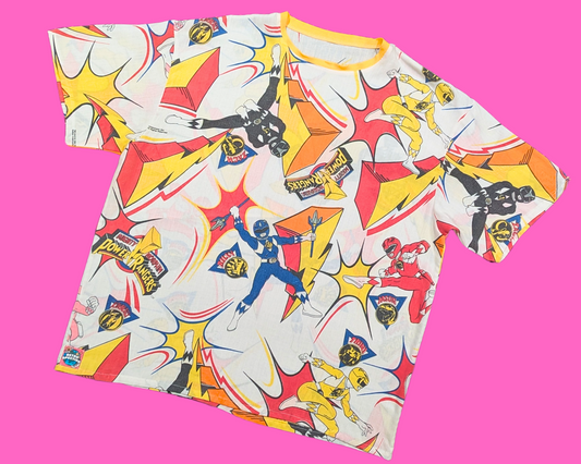 T-shirt drap de lit Power Rangers vintage des années 1990, fait main et recyclé, taille XL