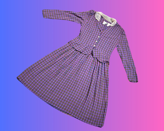 Robe vintage élégante à carreaux violets des années 1970 avec col, taille M