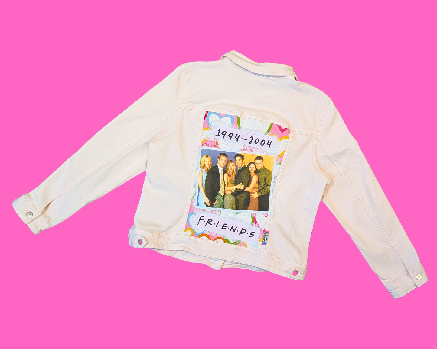 Veste en jean rose clair faite à la main et recyclée, taille XL