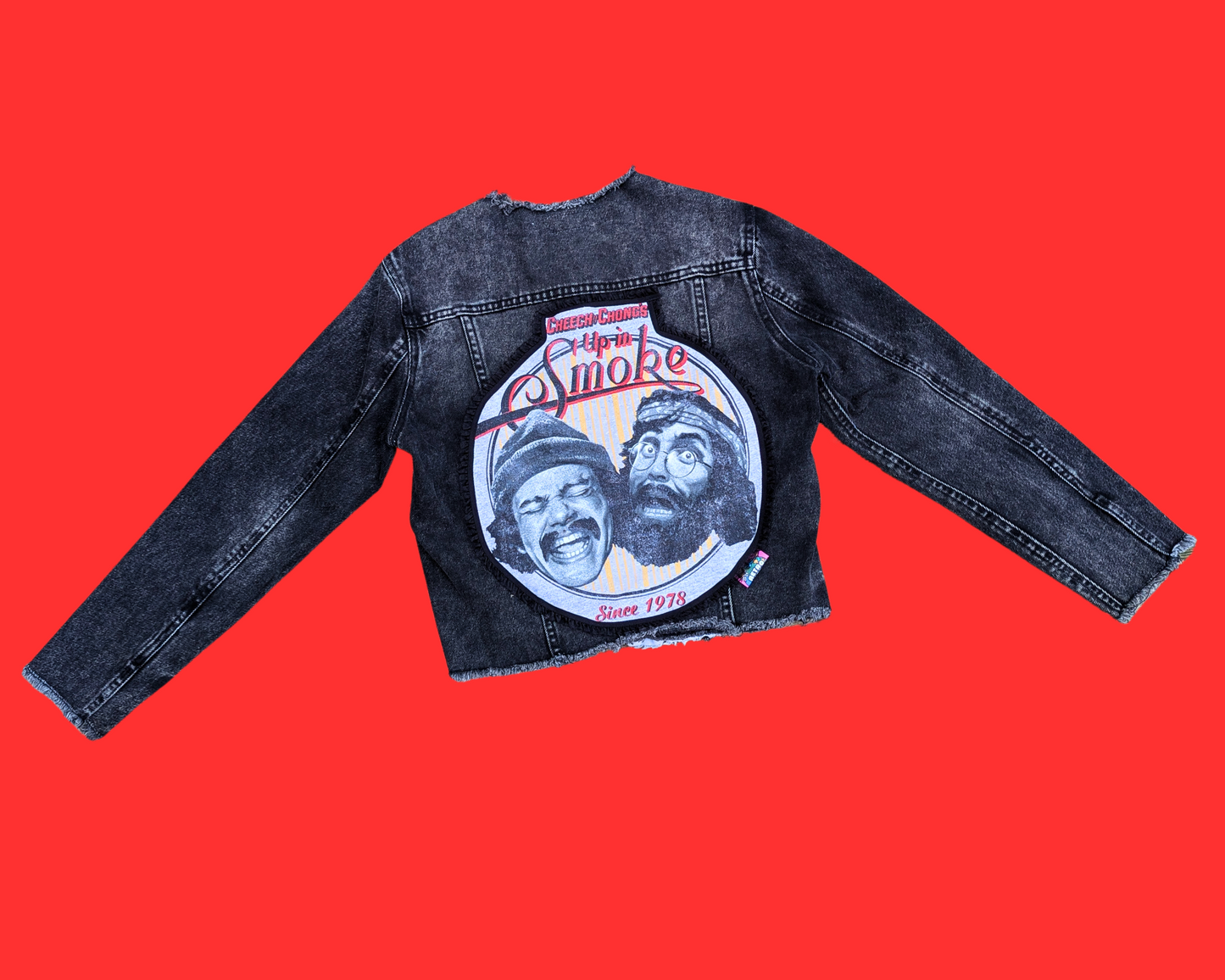 Handmade, Upcycled Cheechy Chong's Up in Smoke Since 1978 Black Denim Jacket Size S