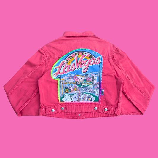 Las Vegas Upcycled T-Shirt Pink Denim Jacket Size L