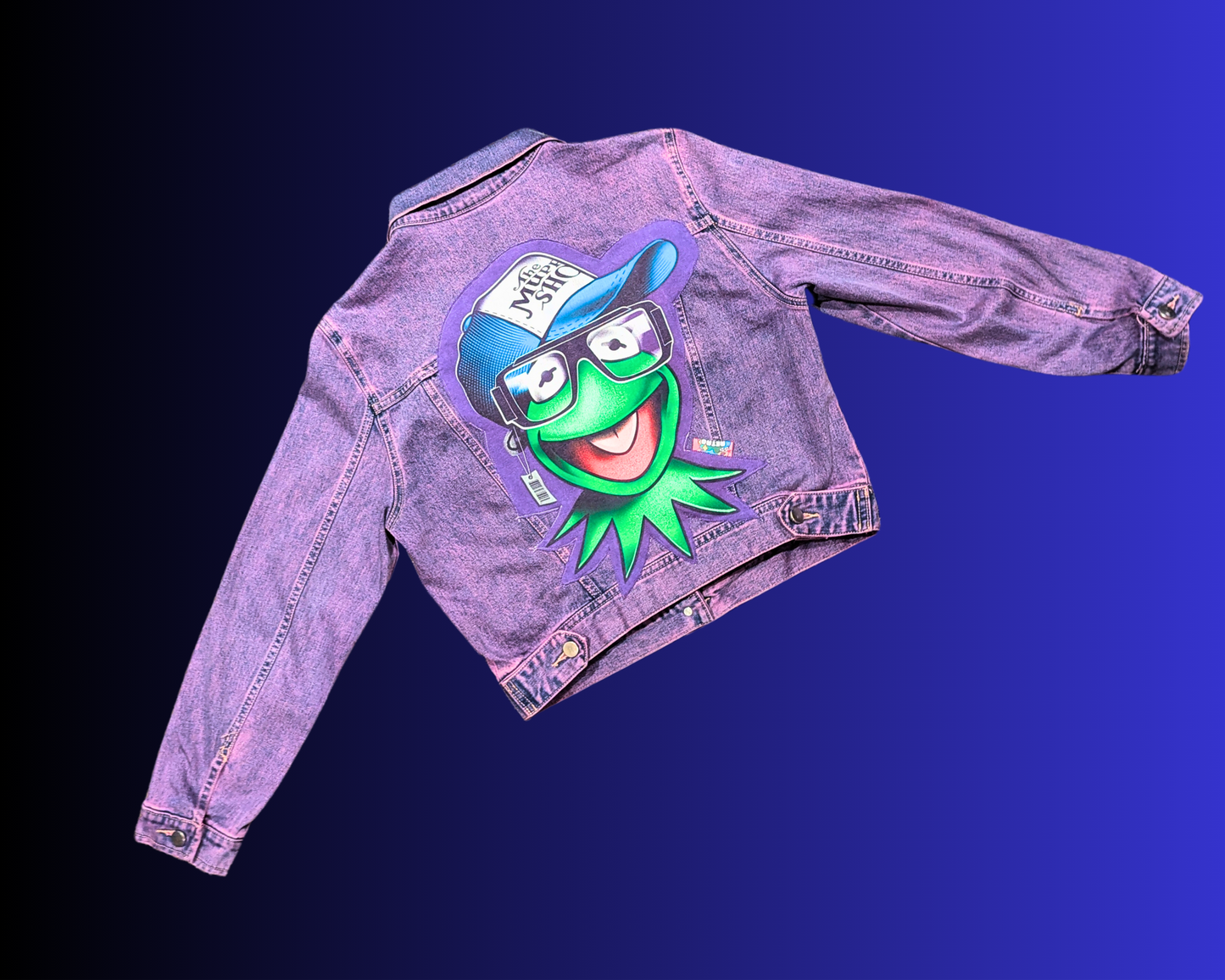 Handmade, Upcycled Kermit the Frog, The Muppets Purple Denim Jacket Size S