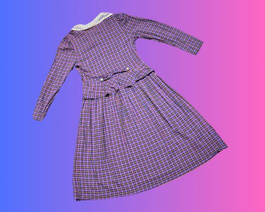 Robe vintage élégante à carreaux violets des années 1970 avec col, taille M