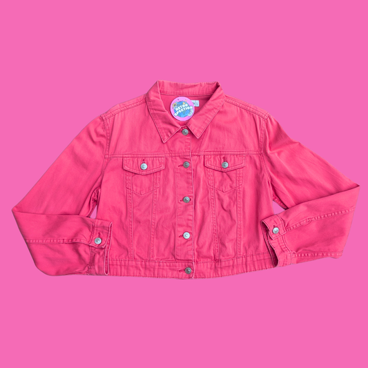 Las Vegas Upcycled T-Shirt Pink Denim Jacket Size L