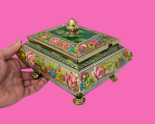Boîte métallique florale verte vintage des années 1980