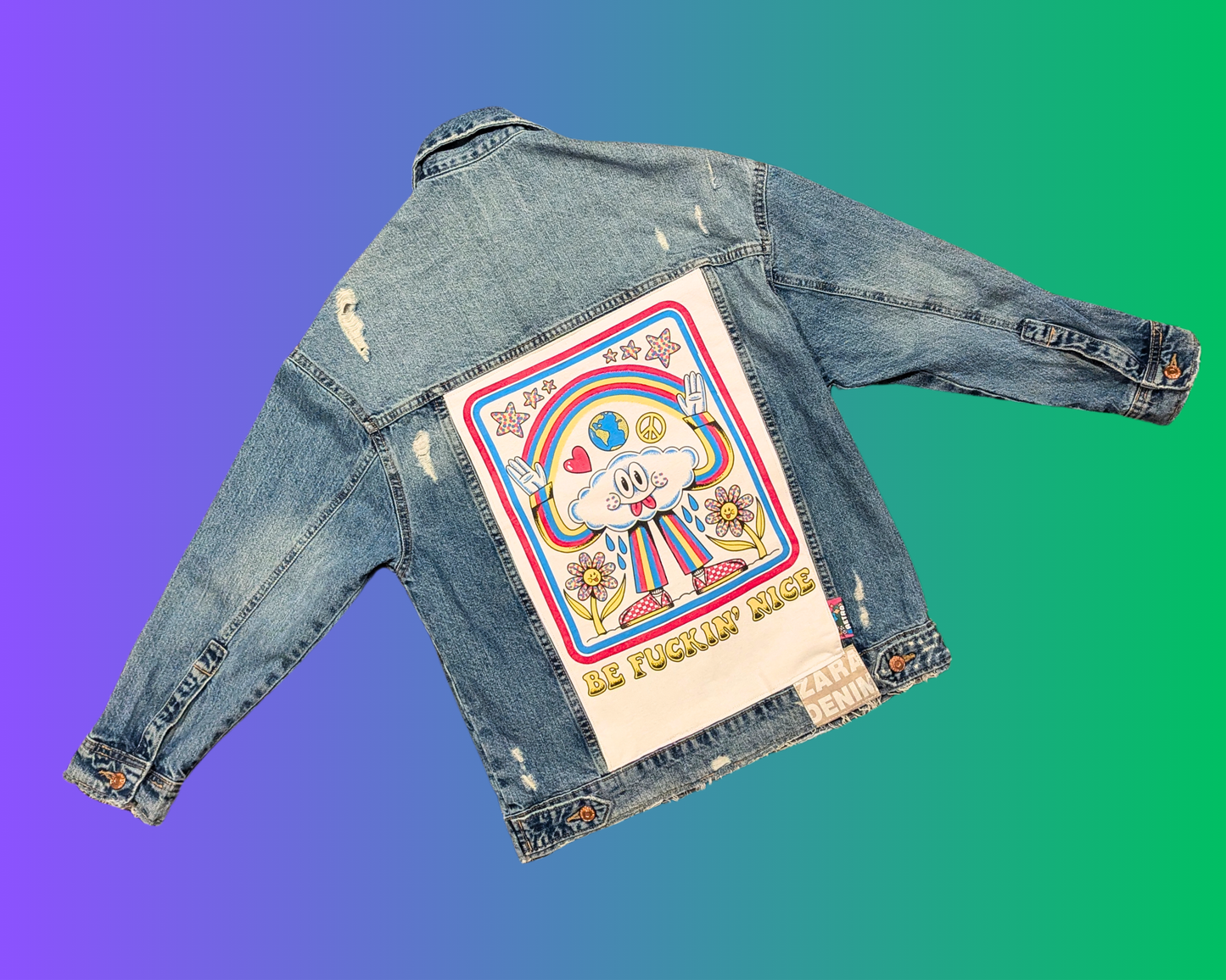 Handmade, Upcycled Be Fuckin' Nice Denim Jacket Size XS
