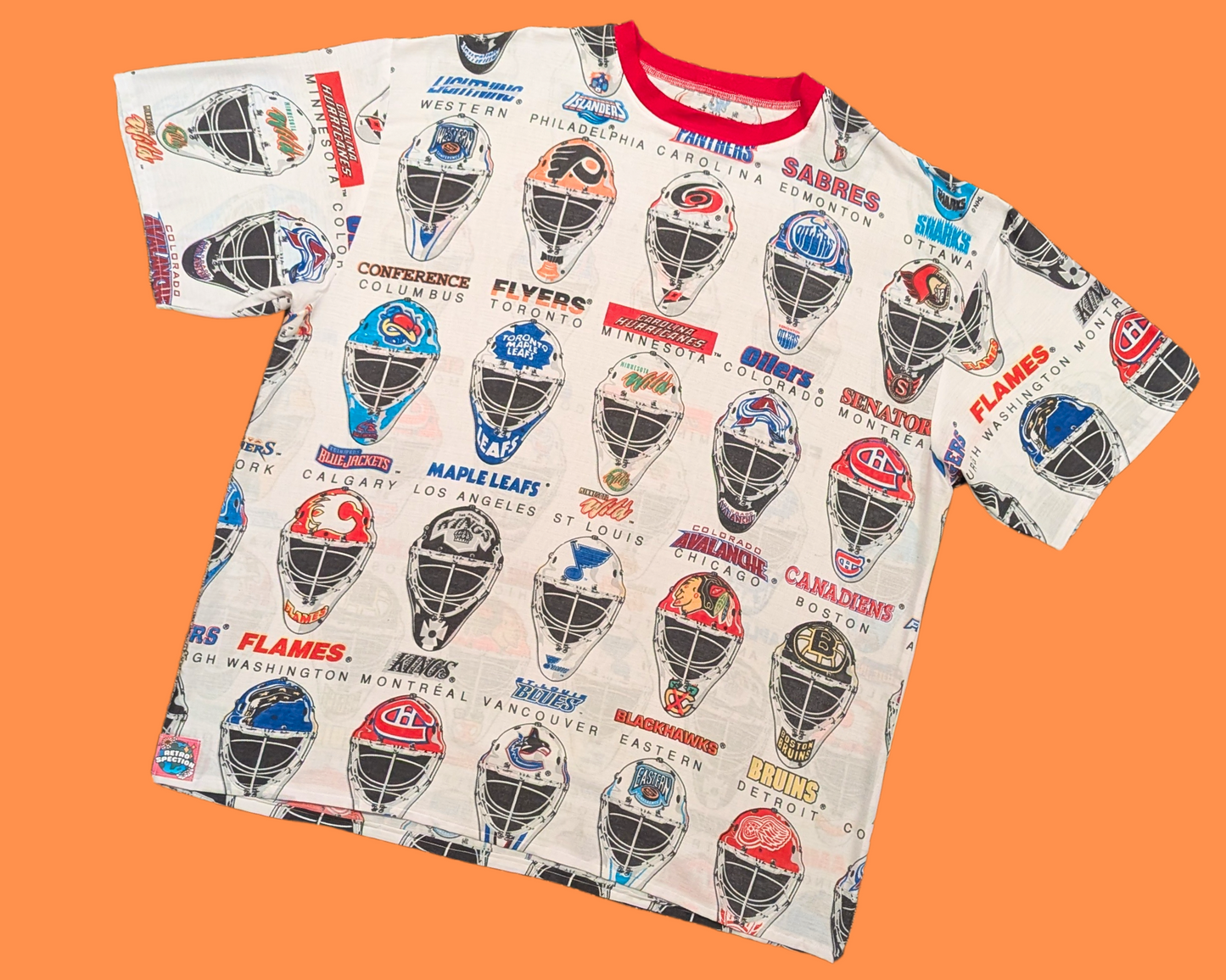 Handmade, Upcycled Vintage 1990's NHL Hockey Teams Goalie Masks Bedsheet T-Shirt Size Oversized XL