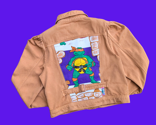 Veste en jean marron Tortues Ninja, fabriquée à la main et recyclée, taille M