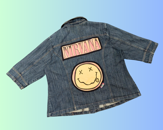 Handmade, Upcycled Nirvana Denim Jacket 3/4 Sleeves Size 2XL