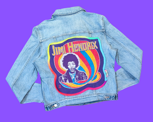 Veste en jean Jimi Hendrix faite main et recyclée, taille L