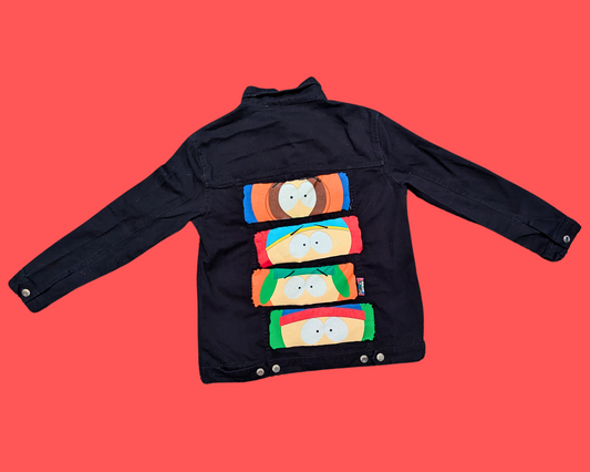 Handmade, Upcycled South Park T-Shirt Black Denim Jacket Size M