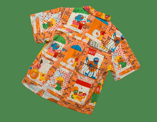 Handmade, Upcycled Vintage Sesame Street Bedsheet Short Sleeve Button Down T-Shirt L