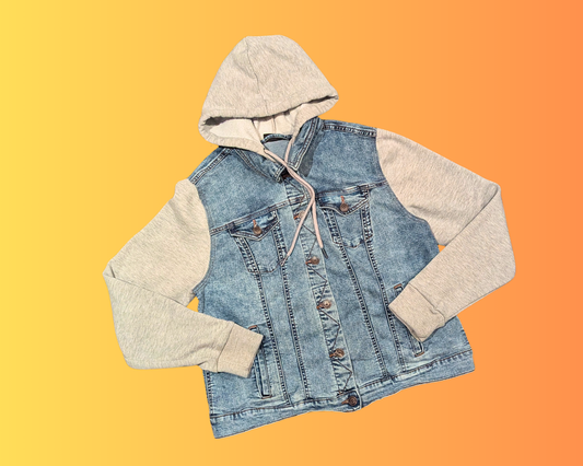 Handmade, Upcycled Sponge-Bob Square Pants Denim Jacket with Hoodie Size L