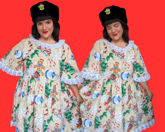 Nappe vintage des années 1990, faite à la main et recyclée, robe de Noël, taille XL