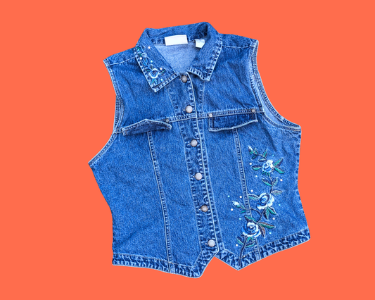 Gilet en jean recyclé et fait main La Grande Vague de Kanagawa, taille M