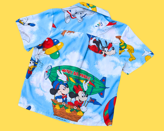 Chemise boutonnée à manches courtes en drap de lit Walt Disney fait main et recyclé M