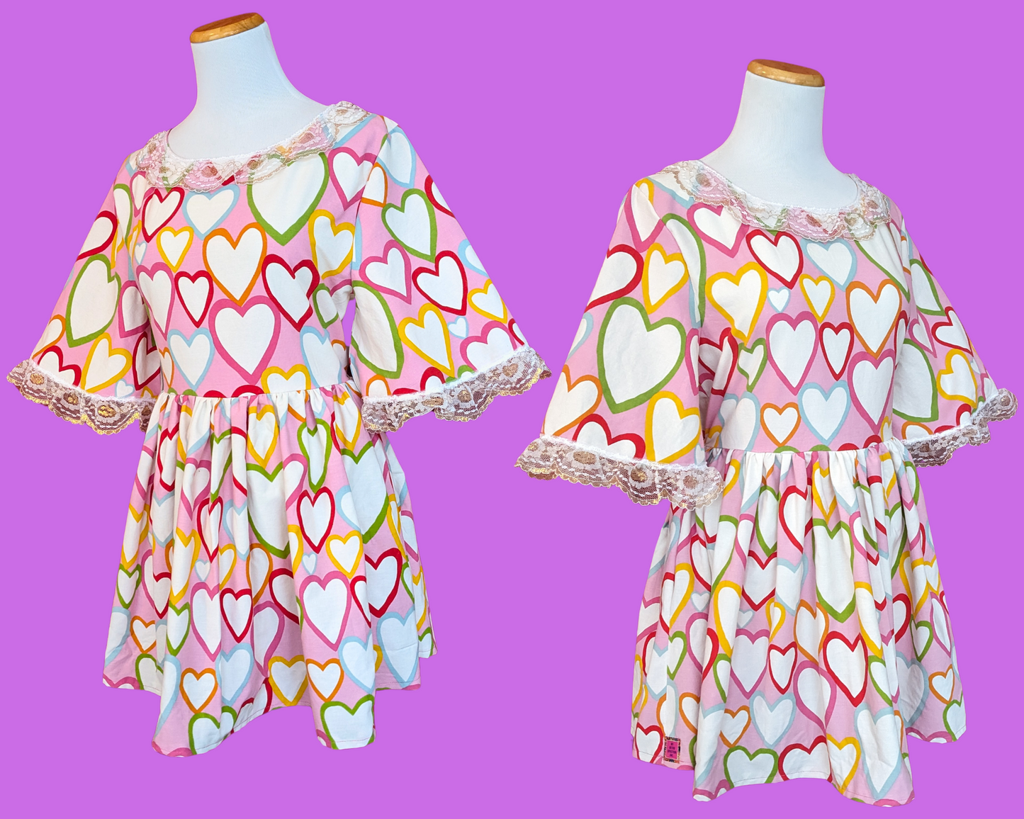 Handmade, Upcycled Rainbow Hearts Bedsheet Dress Fits Size S