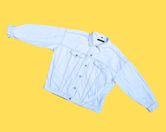 Veste en jean blanche The Rolling Stones, fabriquée à la main et recyclée, taille S