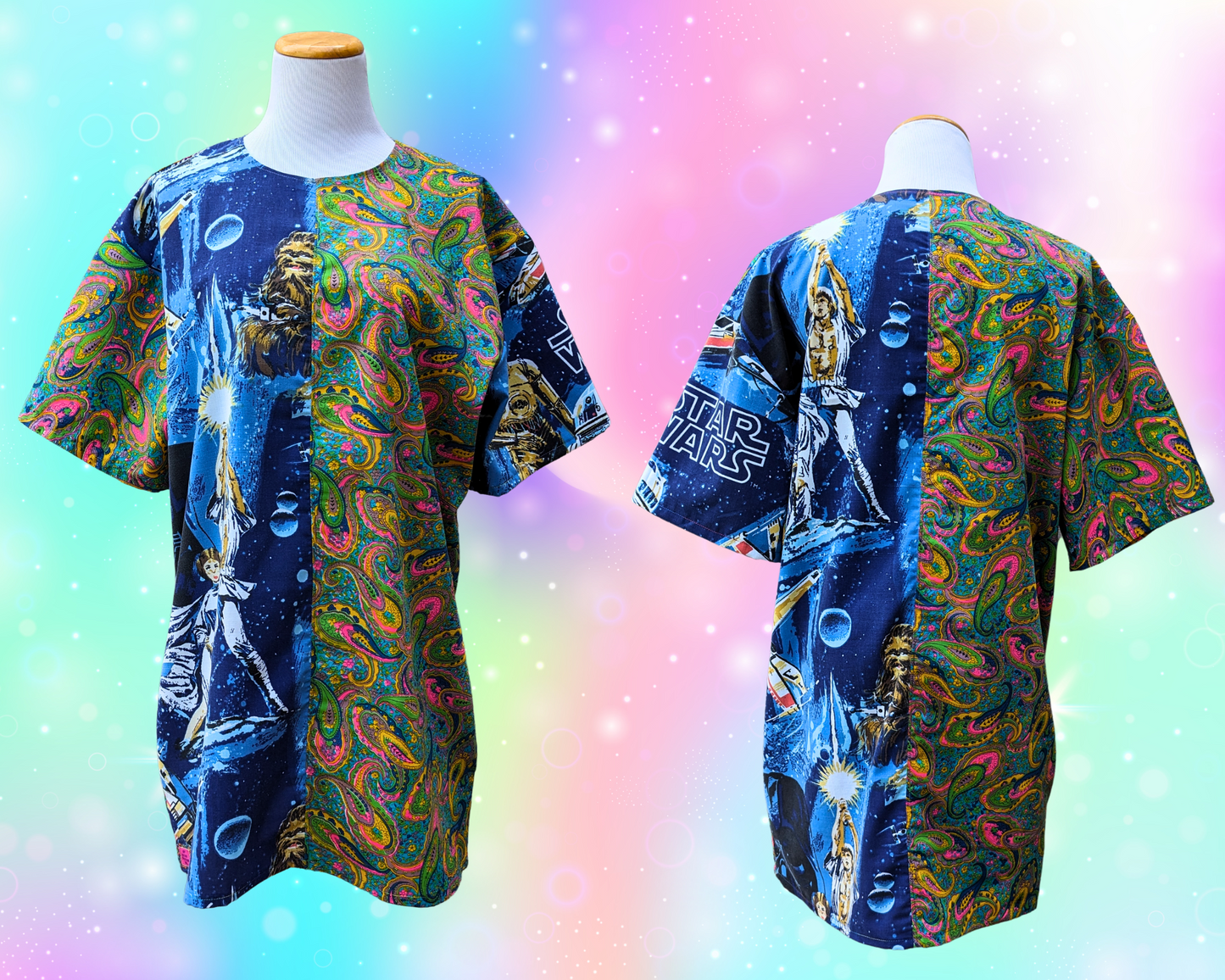 Drap de lit Star Wars fait main et recyclé + robe t-shirt en tissu groovy des années 1960, taille S