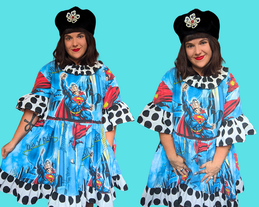 Robe Superman vintage des années 1990, fabriquée à la main et recyclée, taille S à XL.