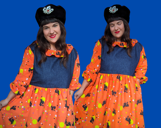 Nappe d'Halloween vintage des années 1990, faite à la main et recyclée, avec robe en jean, taille 2XL