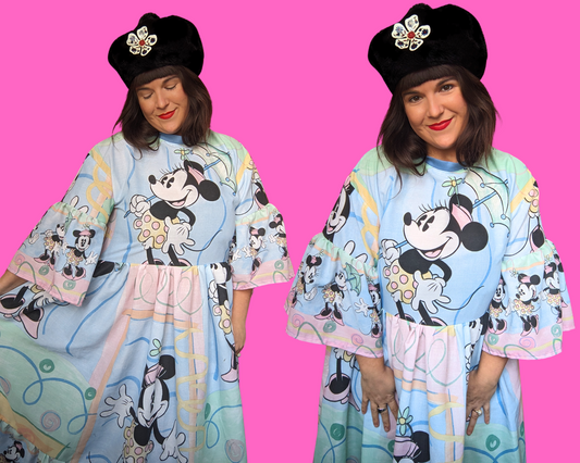 Robe longue Minnie Mouse vintage des années 1990, faite à la main et recyclée, couleurs pastel, taille S à XL
