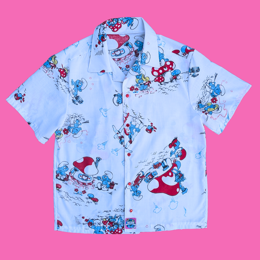 Handmade, Upcycled The Smurfs Bedsheet Button Down Shirt Size S
