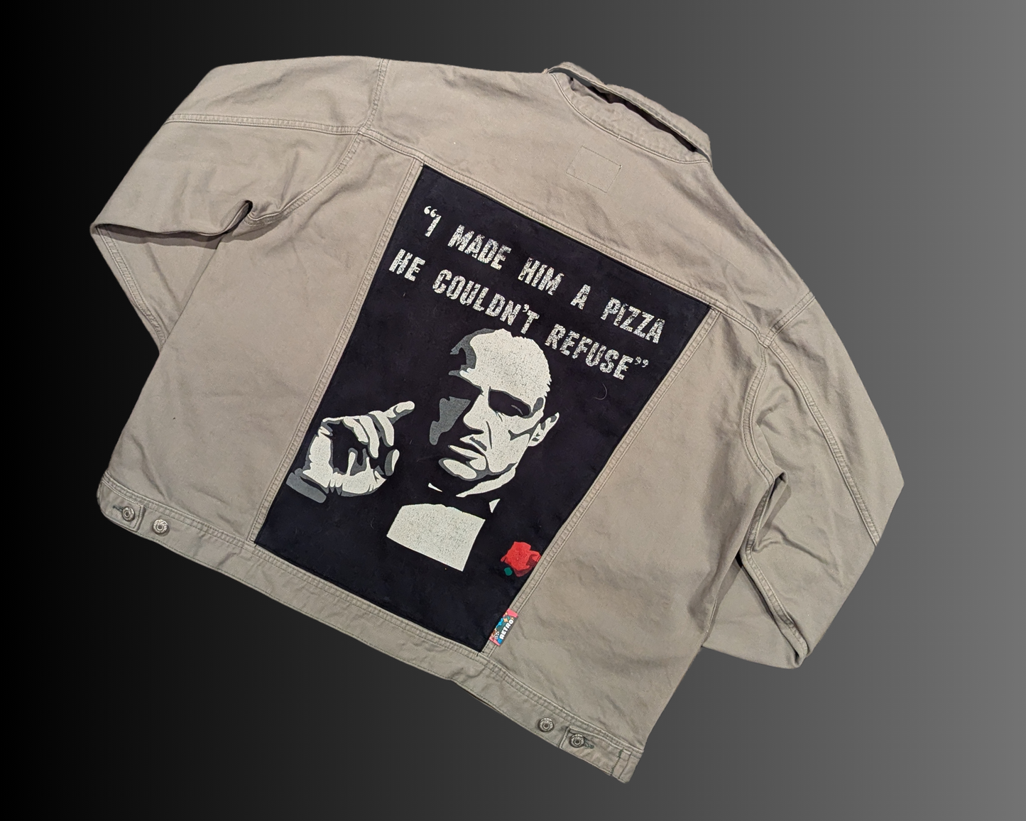 Handmade, Upcycled The Godfather ''I Made Him a Pizza He Couldn't Refuse'' Green Denim Jacket Size XXL