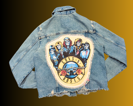 Handmade, Upcycled Guns and Roses Denim Jacket Size S