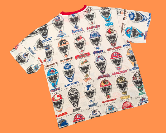 T-shirt vintage fait main et recyclé des années 1990 avec masques de gardien de but des équipes de hockey de la LNH, taille XL surdimensionnée