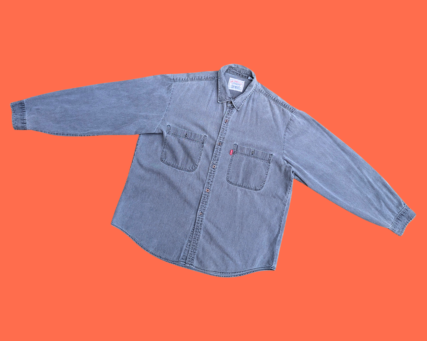 Chemise/veste en jean Levi's gris foncé, fabriquée à la main et recyclée, inspirée des films classiques Retour vers le futur, Top Gun et Pulp Fiction, taille XL
