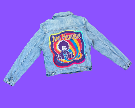 Veste en jean Jimi Hendrix faite main et recyclée, taille L
