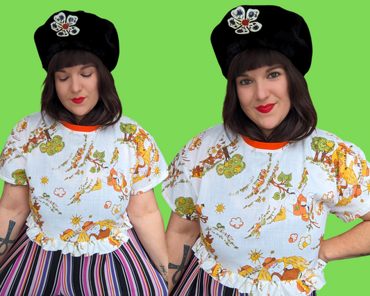 Haut court à motifs animaux vintage des années 1960, fait main et recyclé, taille S à XL