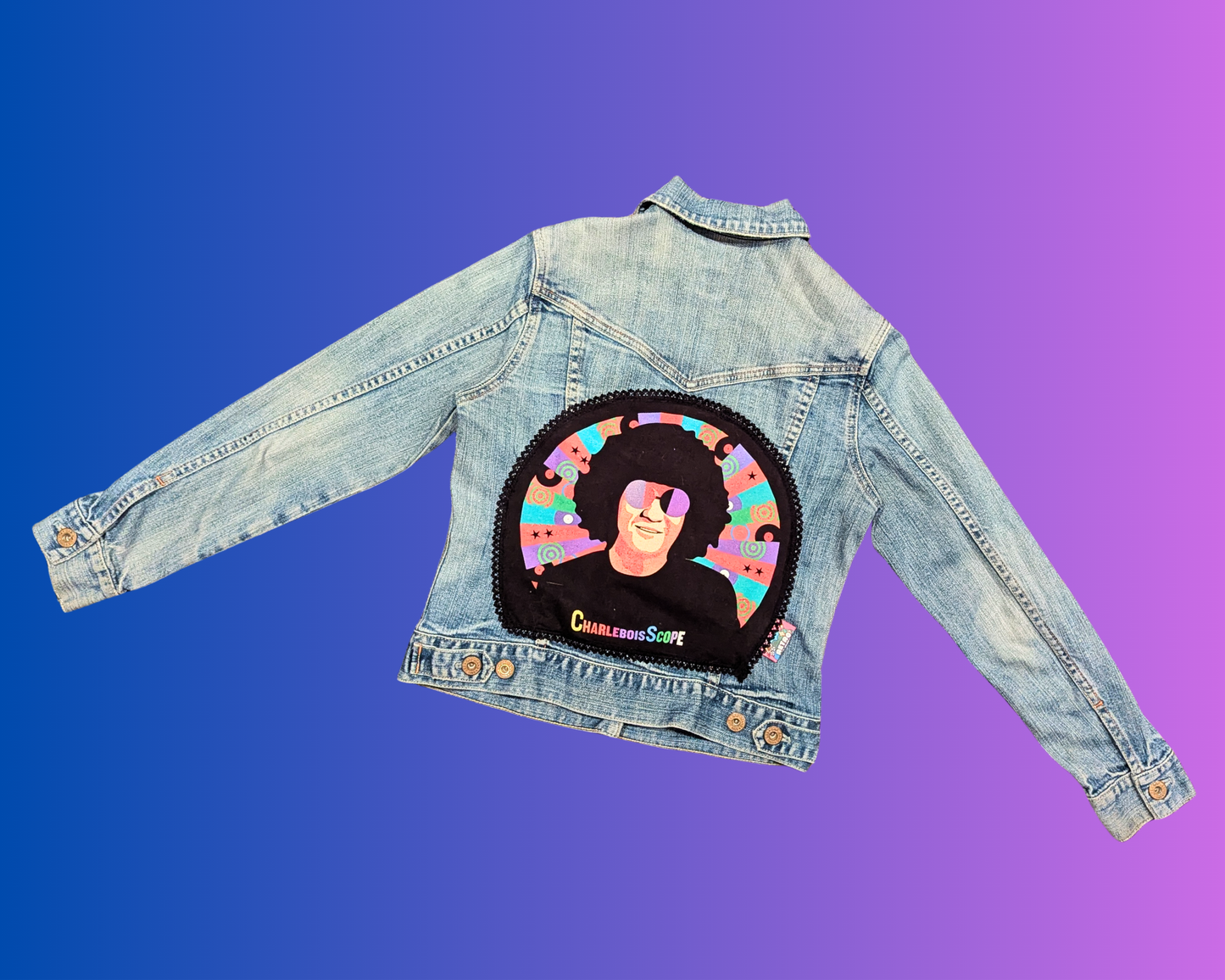 Veste en jean CharleboisScope, fabriquée à la main et recyclée, taille XS
