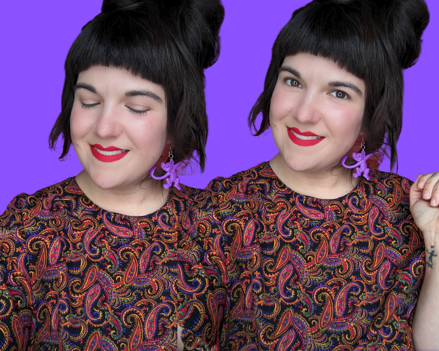 Handmade, Upcycled Barrel of Monkeys Purple Earrings