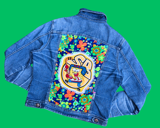 Handmade, Upcycled Sponge Bob Square Pants Playing Hockey Jacket Size L
