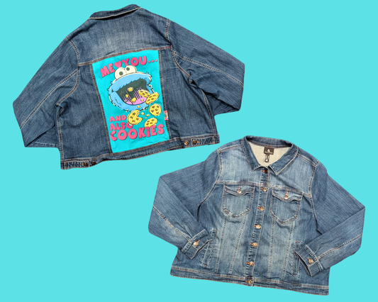 Handmade, Upcycled Denim Jacket with a Cookie Monster T-Shirt ''Me Love You and Also Cookies'' Size L for Men