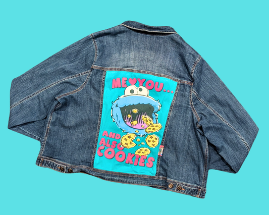Handmade, Upcycled Denim Jacket with a Cookie Monster T-Shirt ''Me Love You and Also Cookies'' Size L for Men