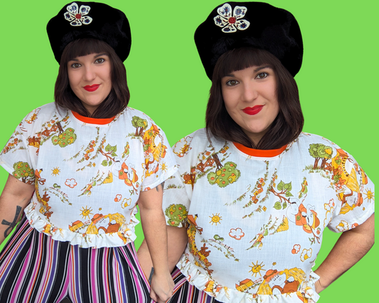 Haut court à motifs animaux vintage des années 1960, fait main et recyclé, taille S à XL