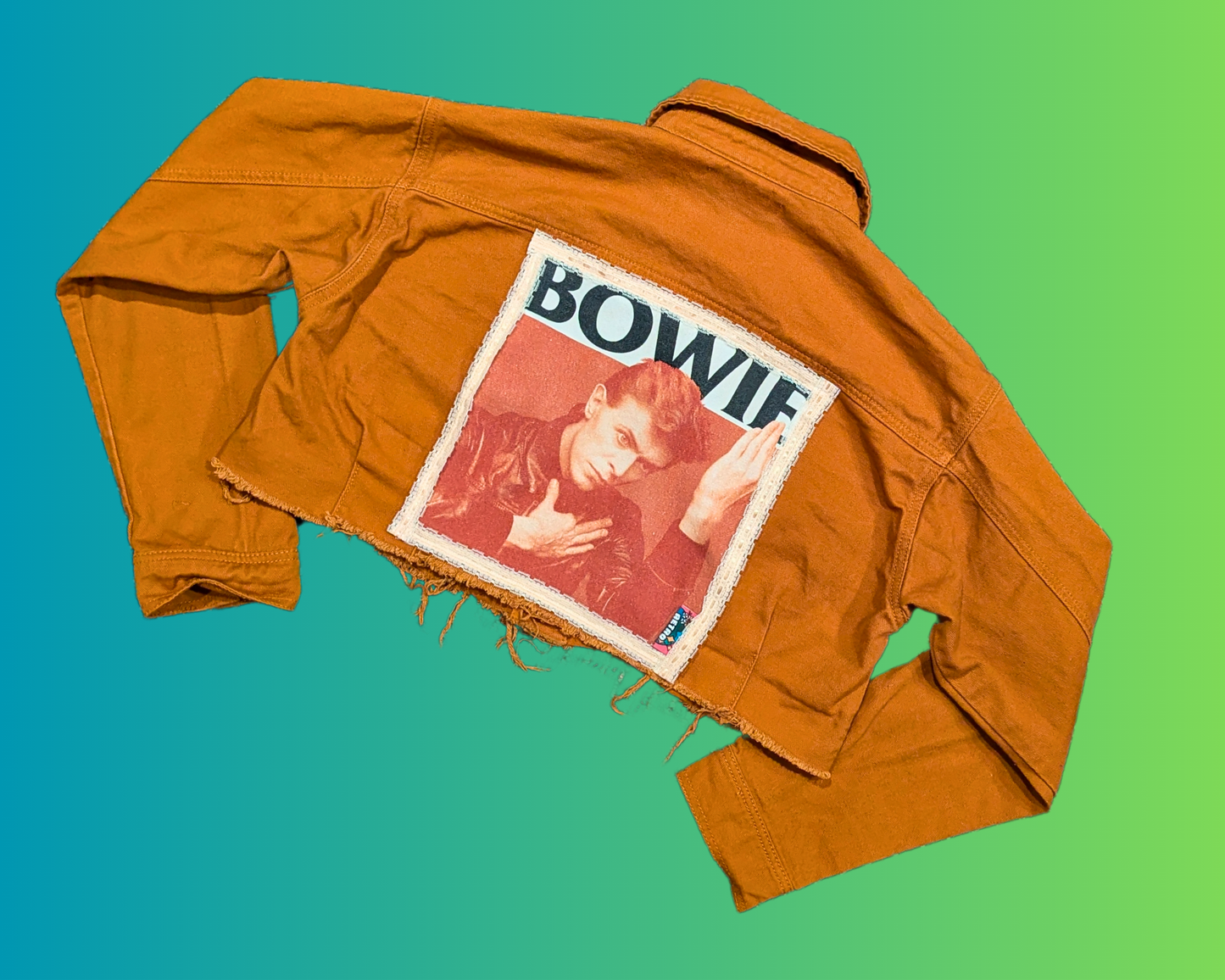 Veste courte en jean marron David Bowie, faite à la main et recyclée, taille M