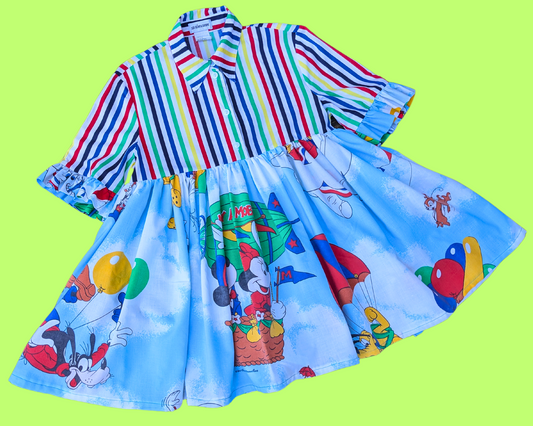 Drap de lit Disney fait main et recyclé, robe chemise rayée recyclée, taille S