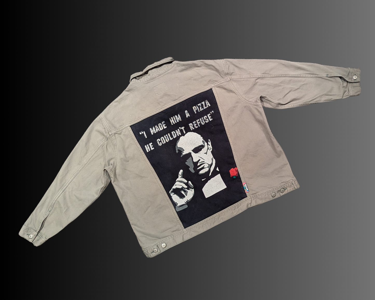 Handmade, Upcycled The Godfather ''I Made Him a Pizza He Couldn't Refuse'' Green Denim Jacket Size XXL