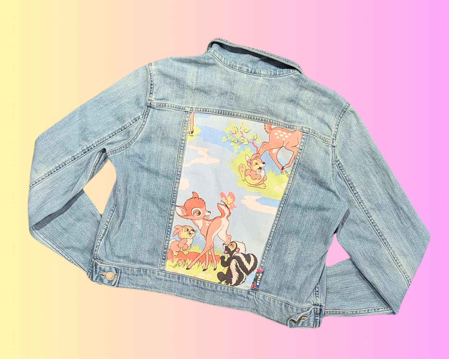 Handmade, Upcycled Walt Disney Bambi Bedsheet Denim Jacket Size XL