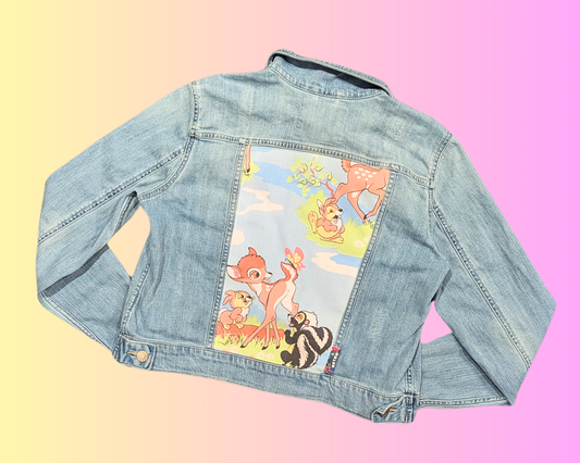 Handmade, Upcycled Walt Disney Bambi Bedsheet Denim Jacket Size XL