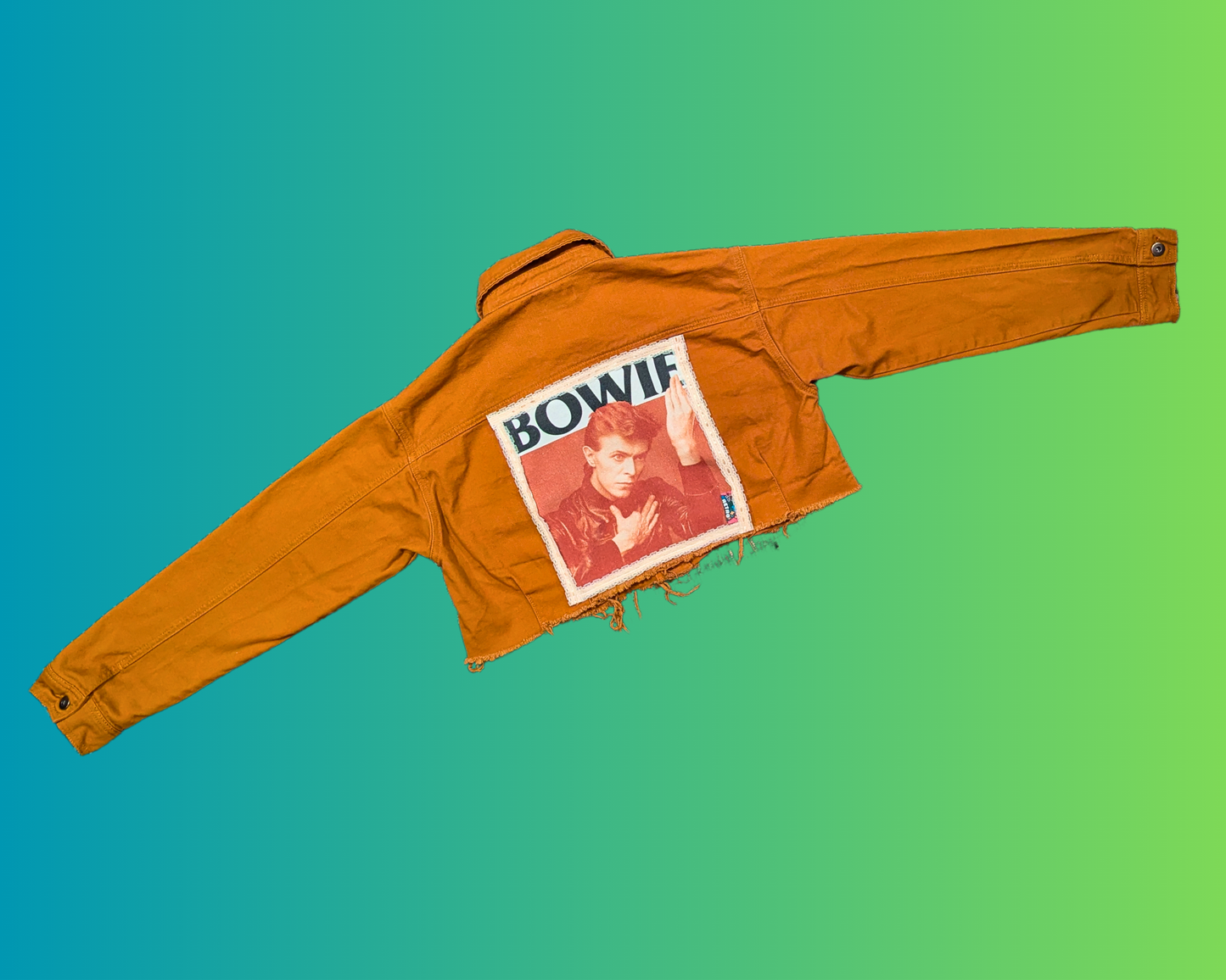 Veste courte en jean marron David Bowie, faite à la main et recyclée, taille M