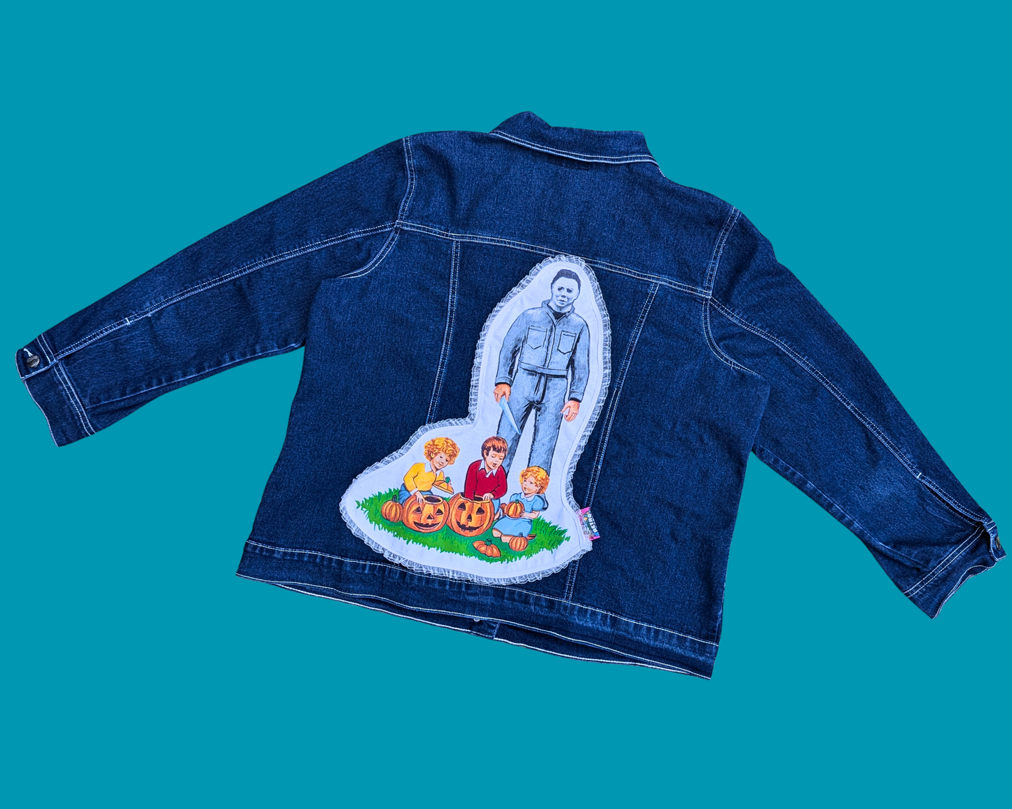 Handmade, Upcycled Michael Myers Halloween Denim Jacket Size US 14, XL