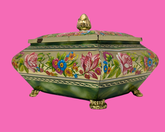 Boîte métallique florale verte vintage des années 1980