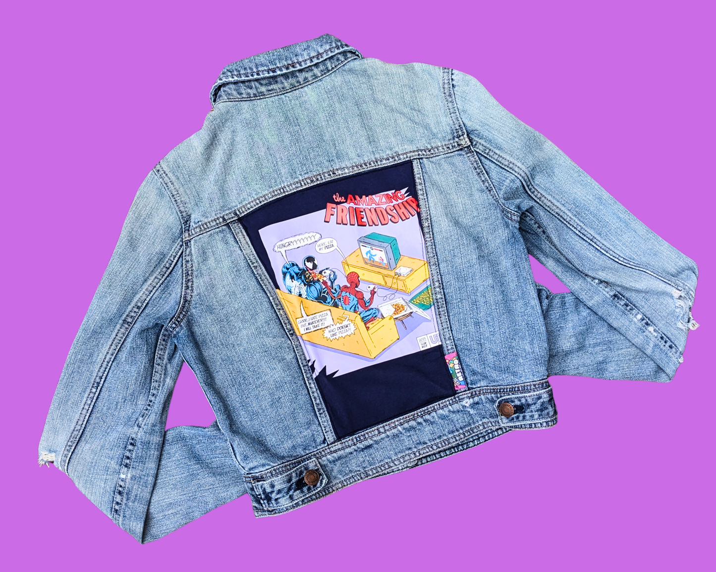 Handmade, Upcycled The Amazing Friendship, Venom and Spider Man Denim Jacket Size S