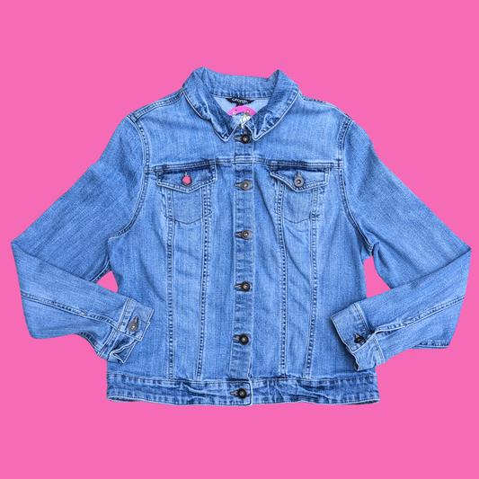 Elf ''Son of a Nutcracker'' Upcycled T-Shirt Denim Jacket Size L