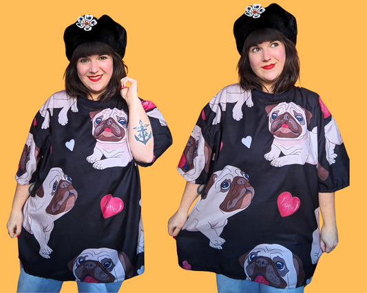 Handmade, Upcycled Pug Print Bedsheet T-Shirt Oversized XL